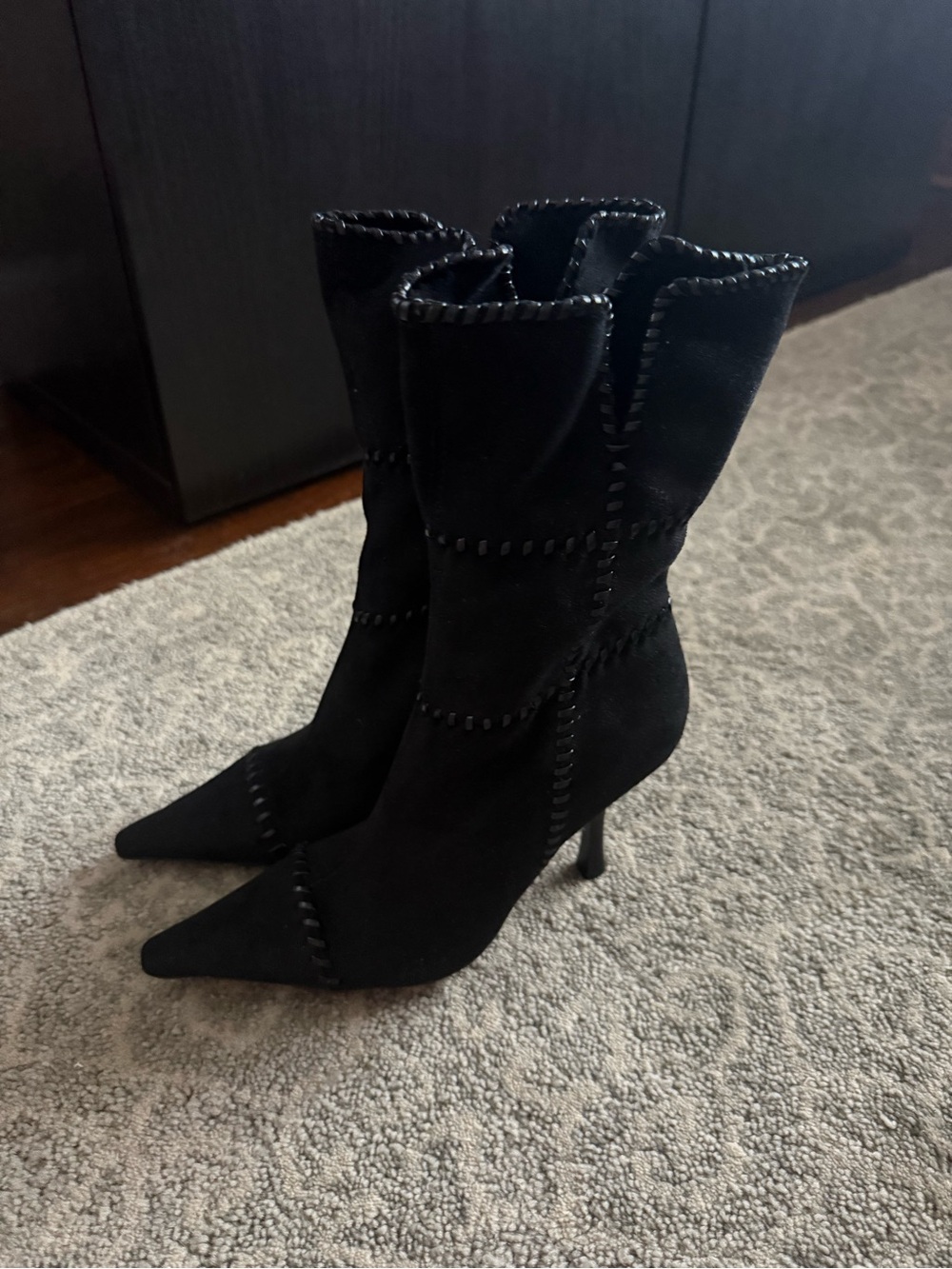 BCBGirls Black Suede Pointed-Toe Mid-Calf Heeled Boots